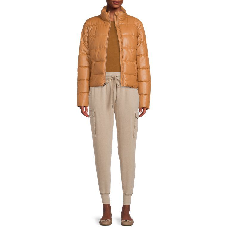 Time and Tru Women's Faux Leather Cropped Puffer Jacket | Walmart (US)