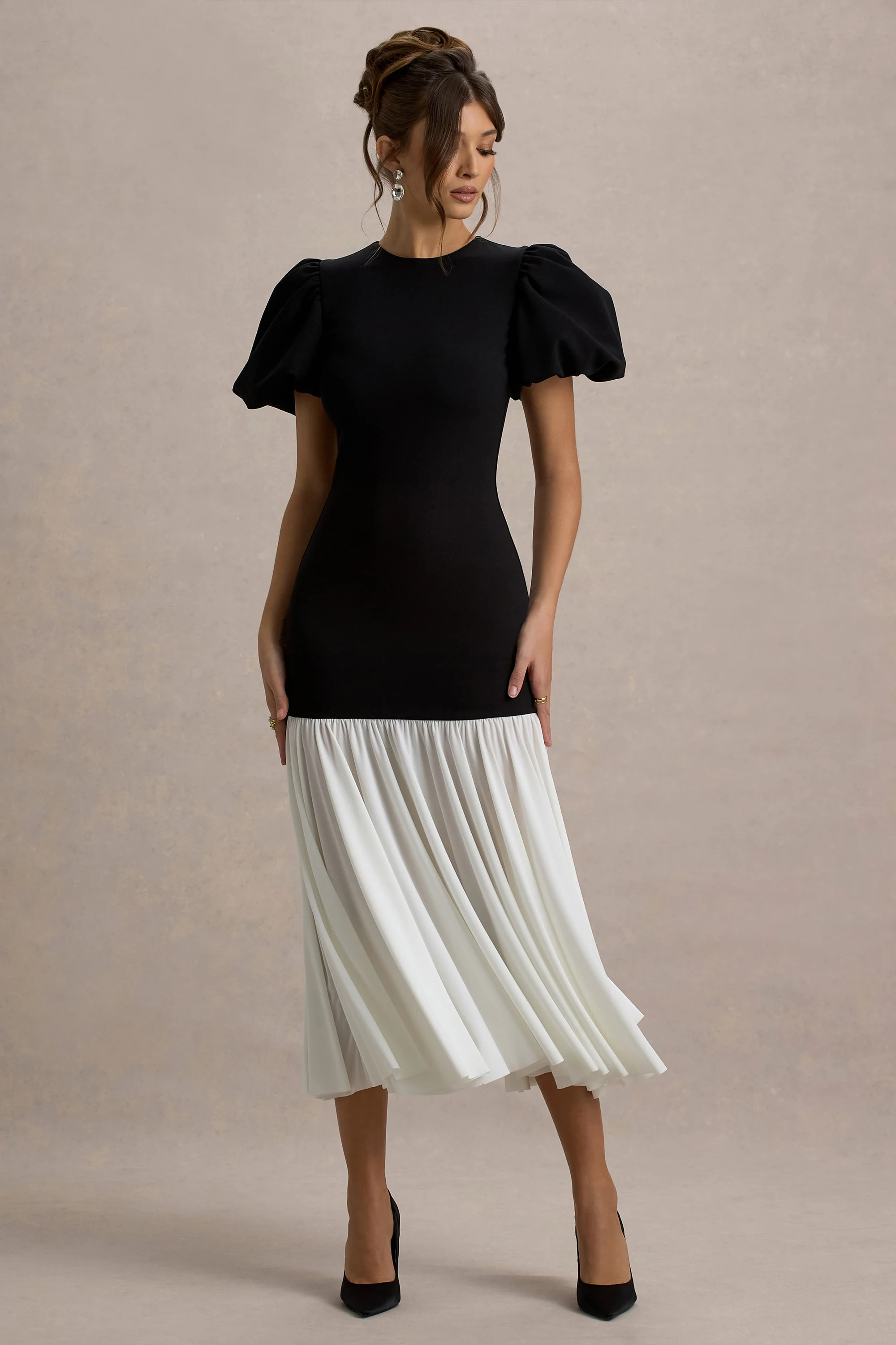Cinzia  Black & White Puff-Sleeve Volume-Hem Midi Dress | Club L London
