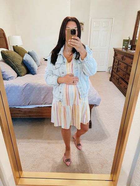 BUMP FRIENDLY WORK OUTFIT 

dress - wearing a medium in this spring dress form Walmart! Fits non maternity oversized

Jean jacket - sharing similar 

Butterfly earrings from kendra Scott

Pink mules - sharing mine and similar 

#LTKshoecrush #LTKworkwear #LTKbump