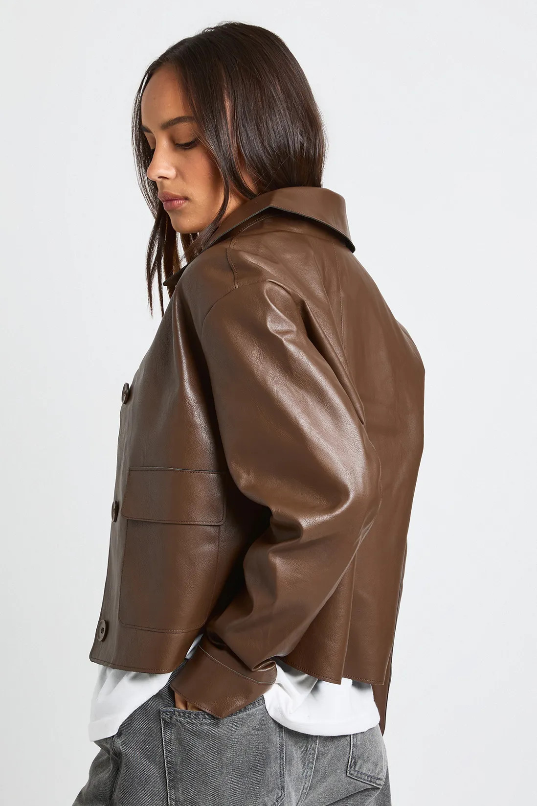 Collared Button Up Faux Leather Jacket | boohoo (US & Canada)