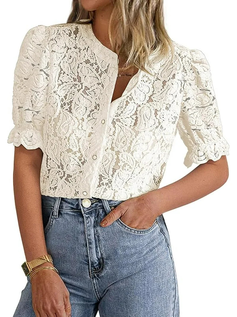 PRETTYGARDEN Womens Summer Lace Tops Short Puff Sleeve Casual Dressy Blouses Eyelet Crew Neck But... | Walmart (US)