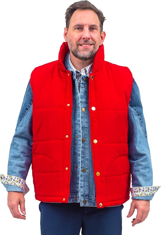 Adult Unisex Marty McFly Denim Shirt Red Puffy Vest Halloween Cosplay Costume | Amazon (US)