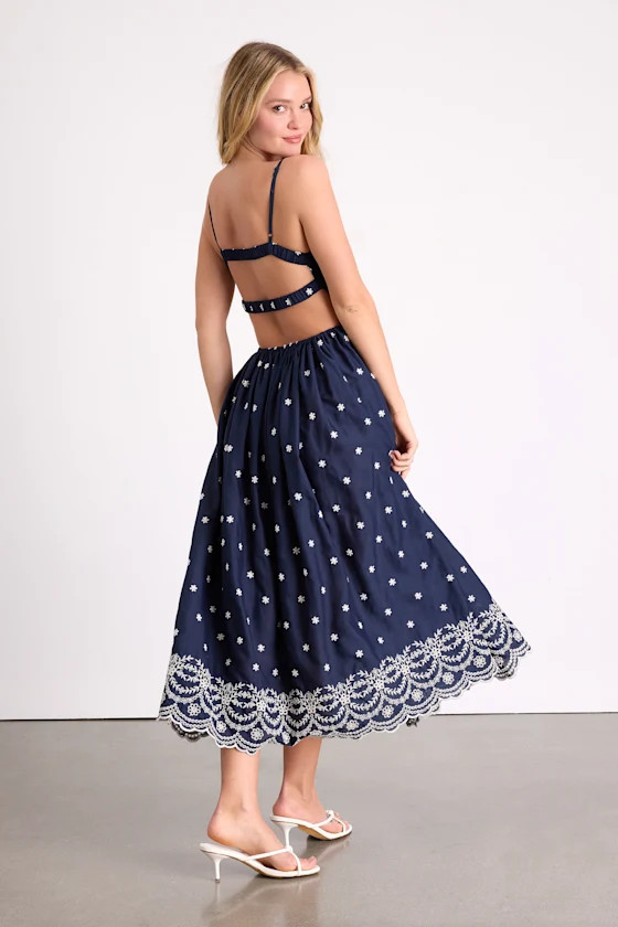 Kosi Navy Embroidered Backless Midi Dress | Lulus