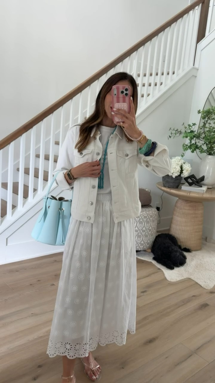 White denim jacket and skirt, on major sale, both for $42. Skirt XS, t shirt S (code ANNAMXSPANX) jelly sandals tts.

summer white outfit, eyelet skirt, white skirt outfit, casual summer style, denim jacket outfit, vacation outfit, resort wear, brunch outfit, coastal style, everyday chic, summer fashion

#LTKootd #LTKSaleAlert #LTKOver40