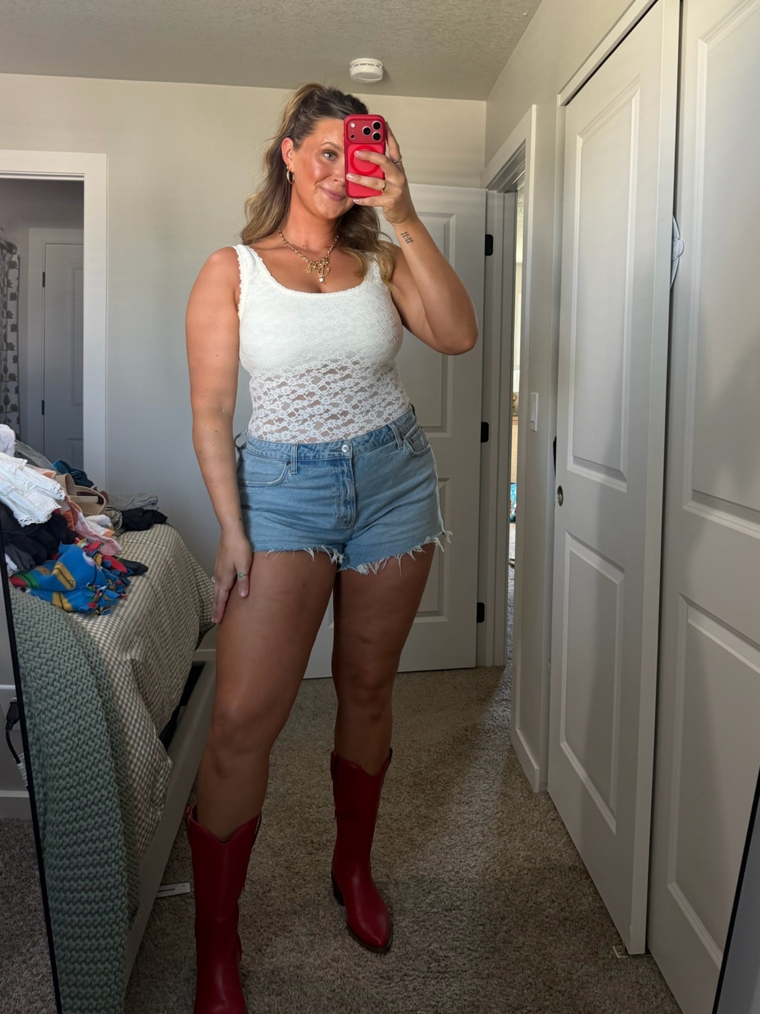 Country concert outfit, state fair, fall, summer, lace, red boots, denim shorts, bridal, bachelorette, white

#LTKootd
