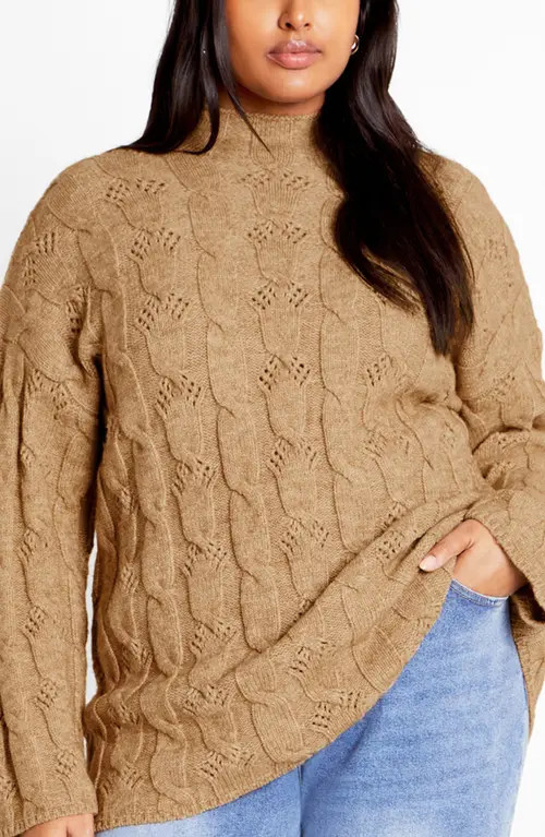 City Chic Iris Mock Neck Cable Knit Sweater in Sand at Nordstrom | Nordstrom