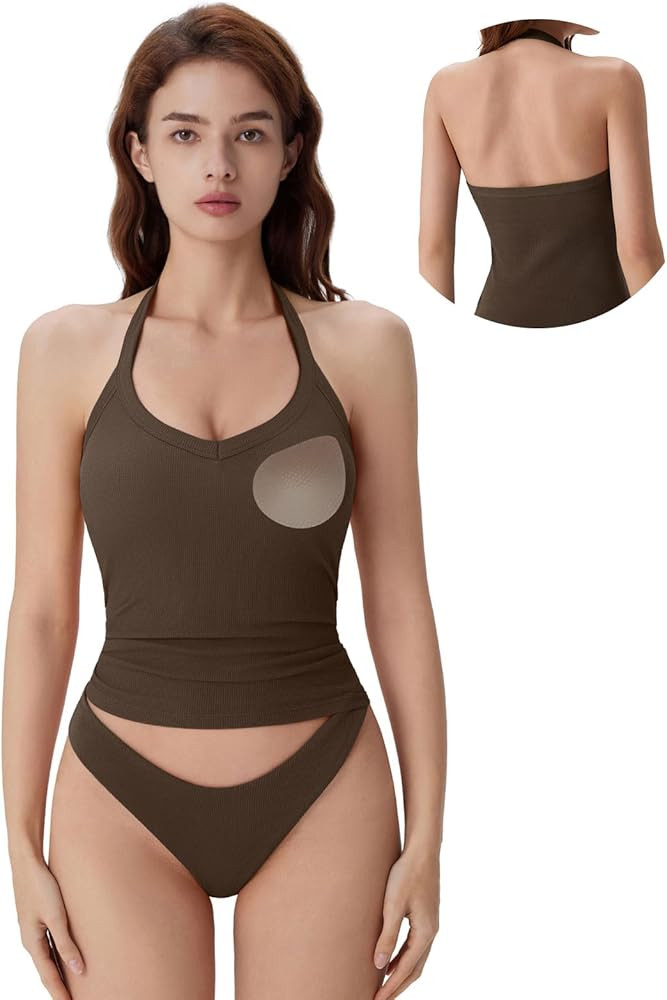 SUUKSESS Halter Tank Top for Women with Built in Bra Cotton Ribbed V Neck Cami | Amazon (US)