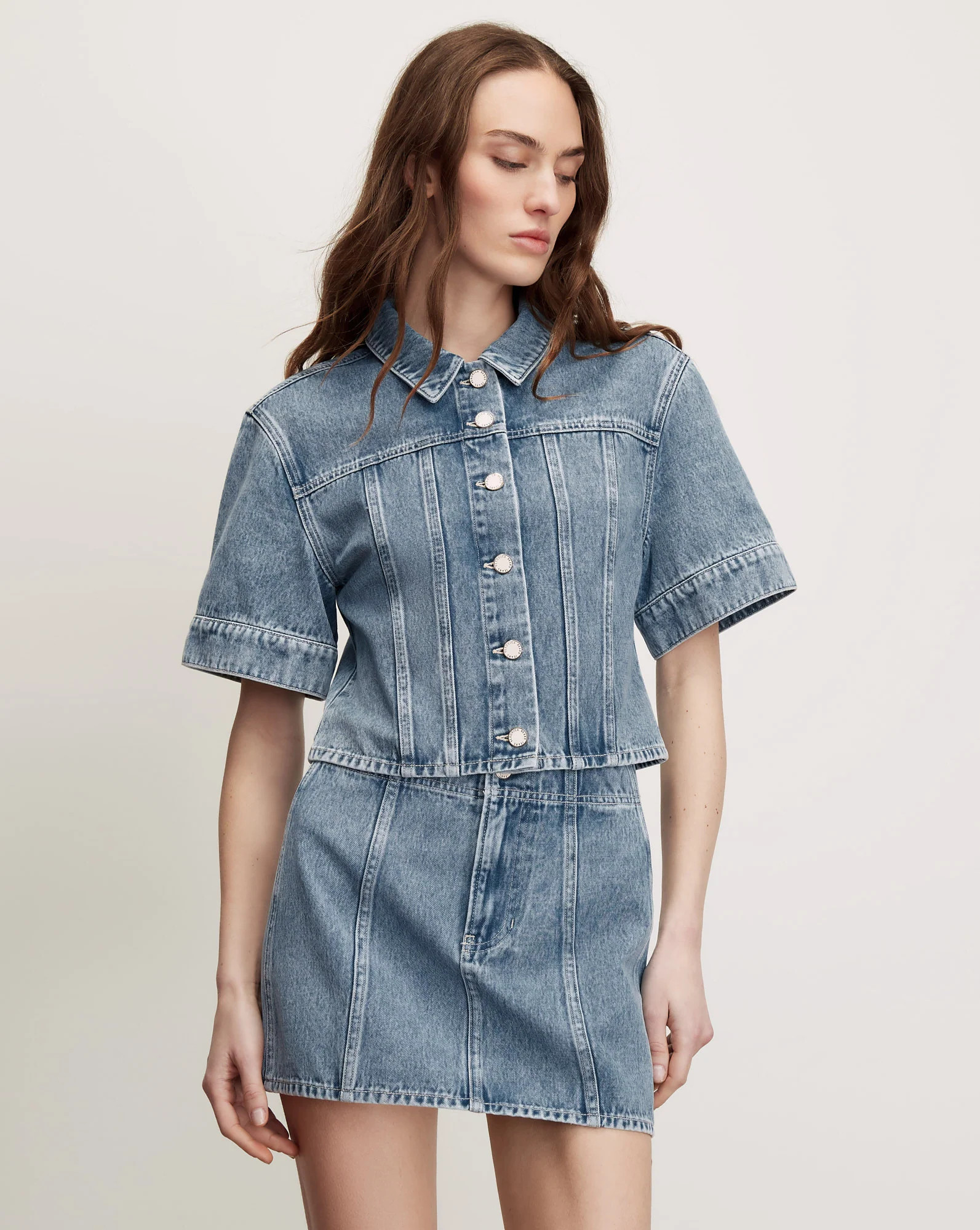 Malcom Cropped Denim Jacket in Medium Wash Silver Dust | Veronica Beard | Veronica Beard