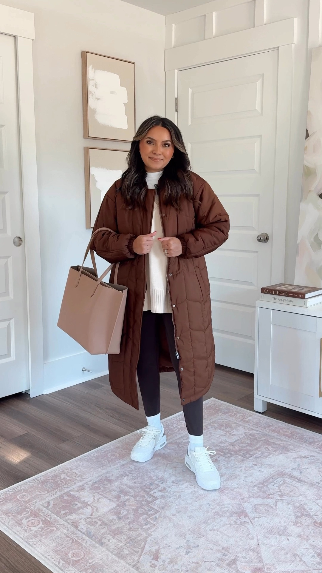 Brown quilted coat size xs TTS
White tee old, similar linked
Cream sweater size small - roomy fit, code HONEYSAVE30 for 30%
Brown leggings size 6 - I size up two sizes in this brand
Brown and white sneakers size 6.5 TTS 