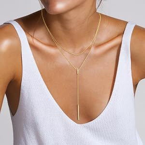 Yoosteel Long 14K-Gold-Plated Necklace for Women - Layered Dainty Y-Shaped Necklaces Lariat Drop ... | Amazon (US)