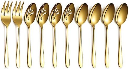 Gold 10-Piece Serving Flatware Silverware Set,Stainless Steel Serving Utensil Set,Include Slotted... | Amazon (US)