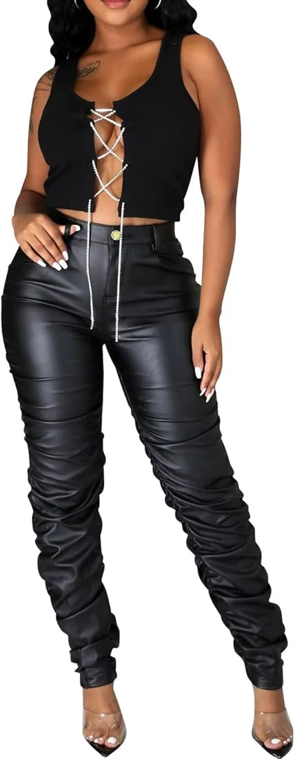 hibshaby Sexy Club Women's Pleather Faux Leather Pants High Waist Ruched Stacked Legging | Amazon (US)