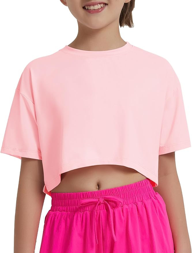 EXARUS Girls Athletic Shirts Quick Dry Short Sleeve Crop Tops/Split Back T Shirt Workout Casual S... | Amazon (US)