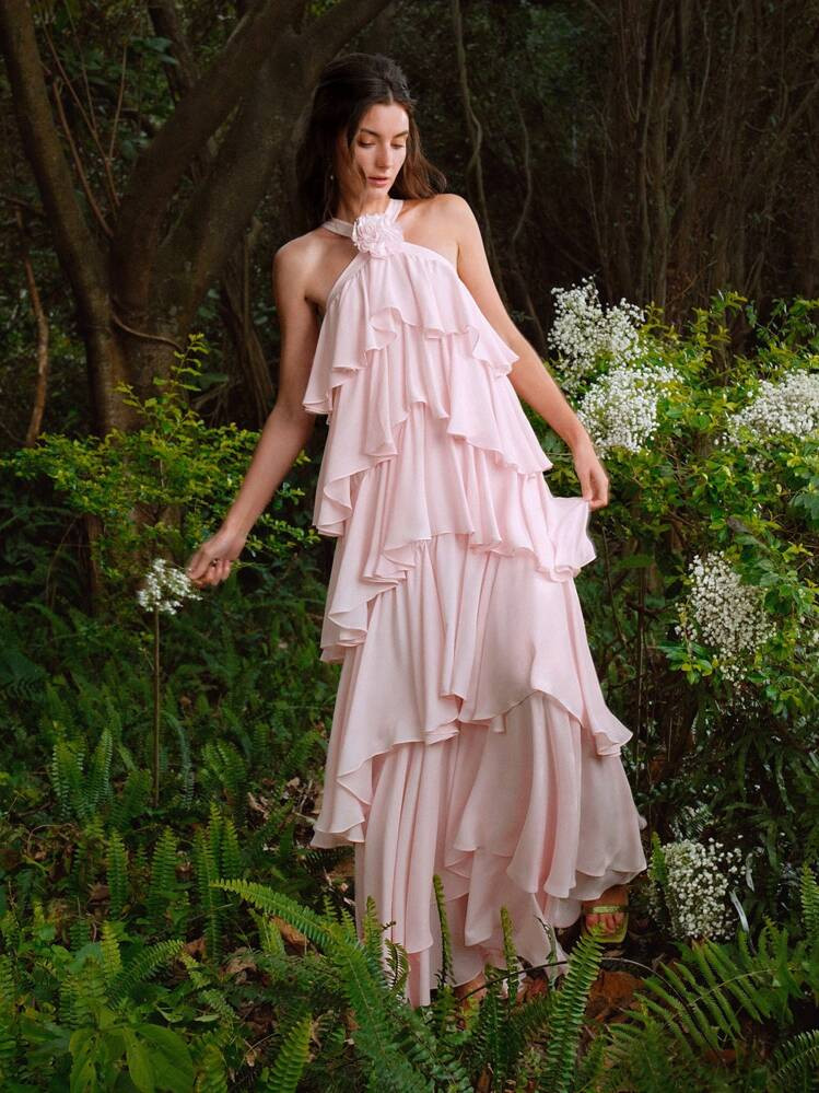 MOTF PREMIUM STEREO FLOWER DETAIL LAYERED RUFFLE HEM HALTER DRESS,HOLIDAY PARTY BIRTHDAY FORMAL EVENING OCCASSION | SHEIN