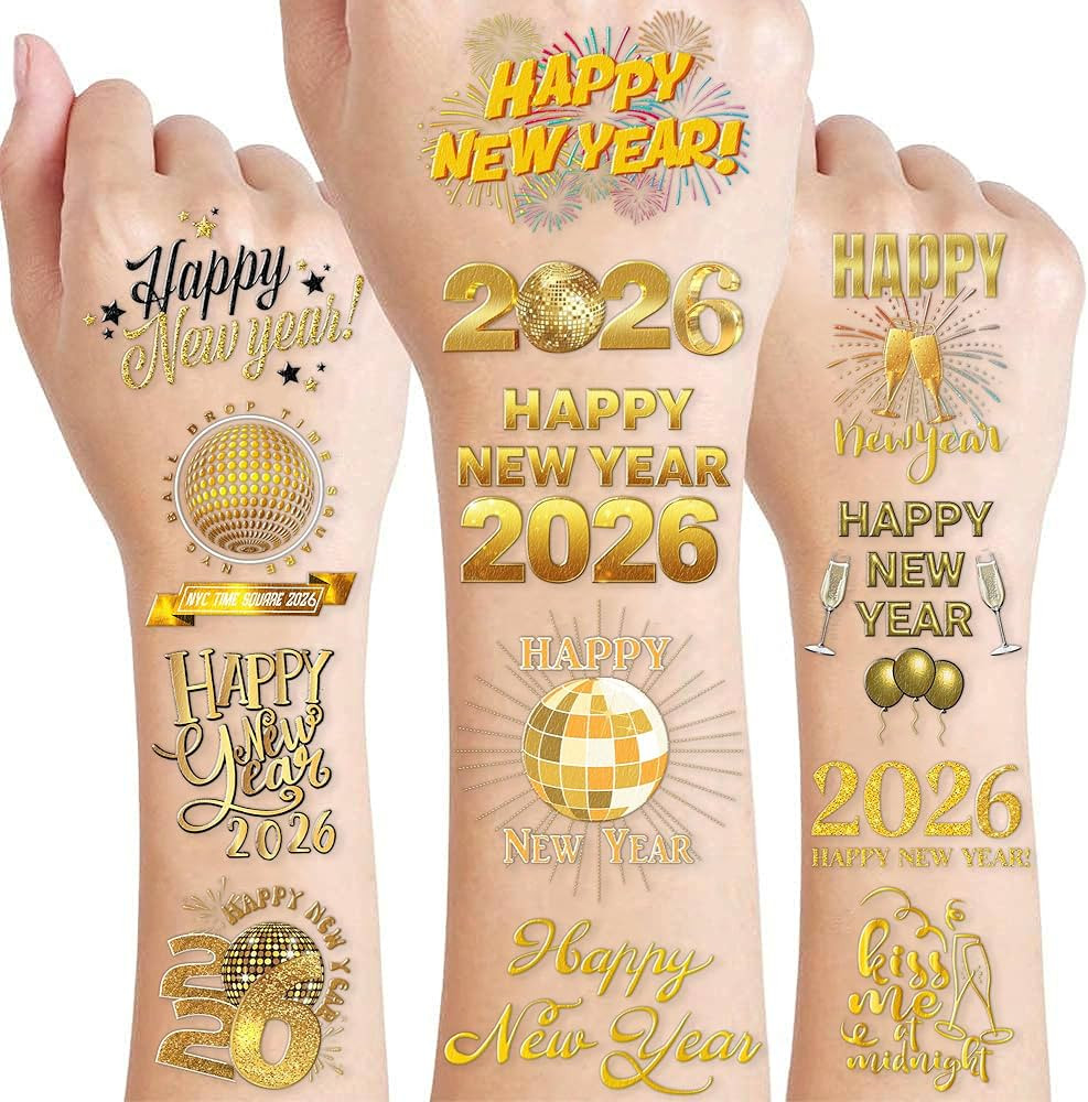 Happy New Year 2026 Temporary Tattoos Stickers – 96PCS Gold New Year’s Eve Party Favors, Deco... | Amazon (US)