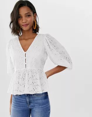 ASOS DESIGN tea blouse in broderie with volume sleeve | ASOS US