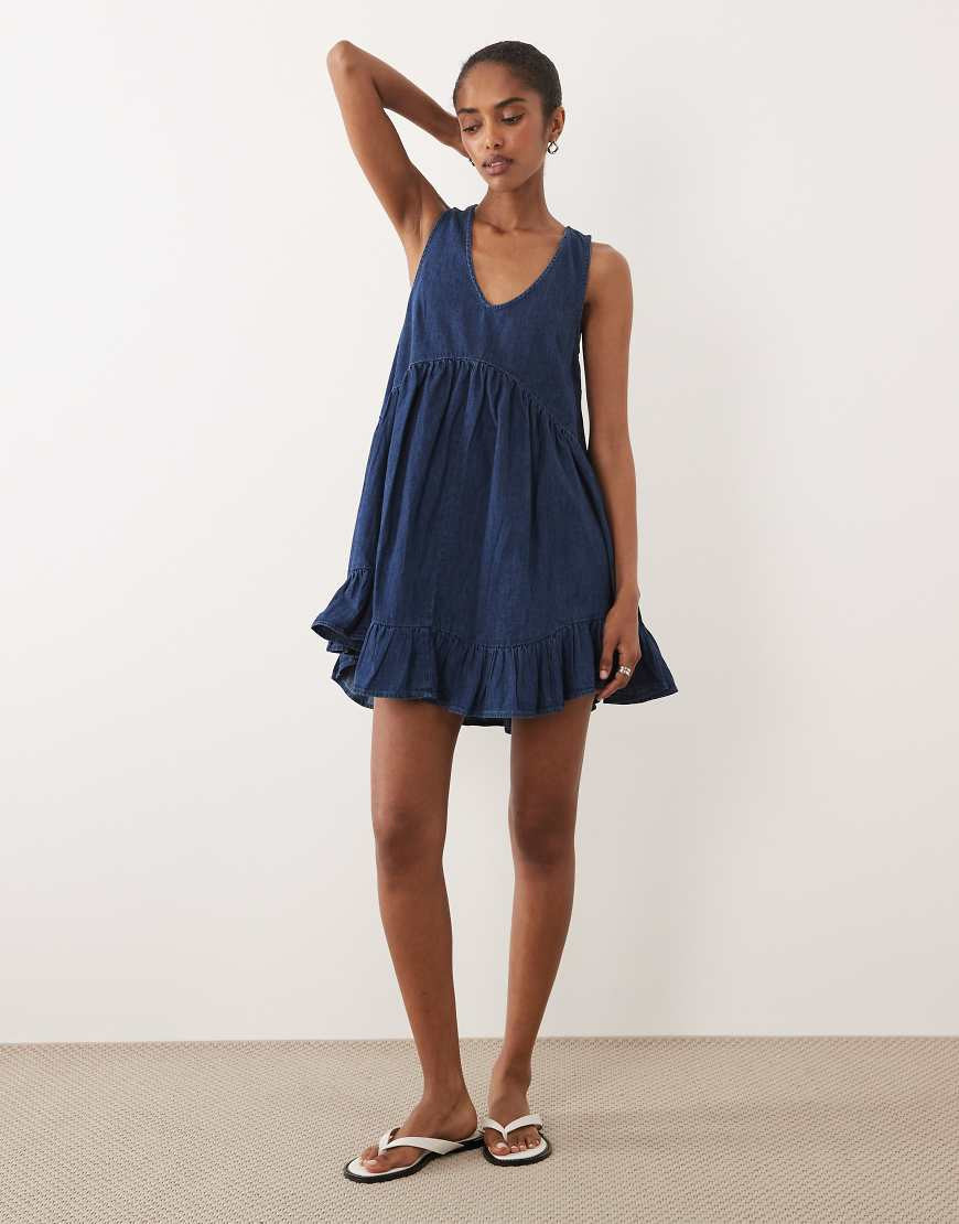 ASOS DESIGN denim v neck tiered smock dress in mid blue | ASOS (Global)