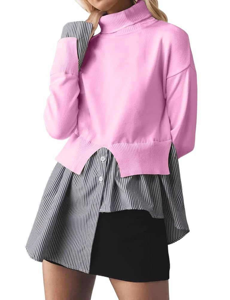 MISSACTIVER Women Slit Turtleneck Patchwork Sweater 2 in 1 Buttons Down Pullover Knit Sweater Asy... | Amazon (US)