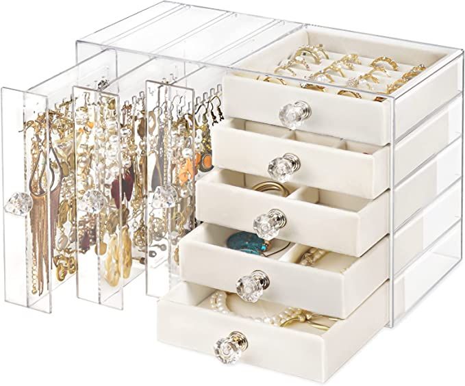 Acrylic Jewelry Organizer, Clear Earring Box with 5 Drawers, Velvet Hanging Jewelry Holder Stand ... | Amazon (US)