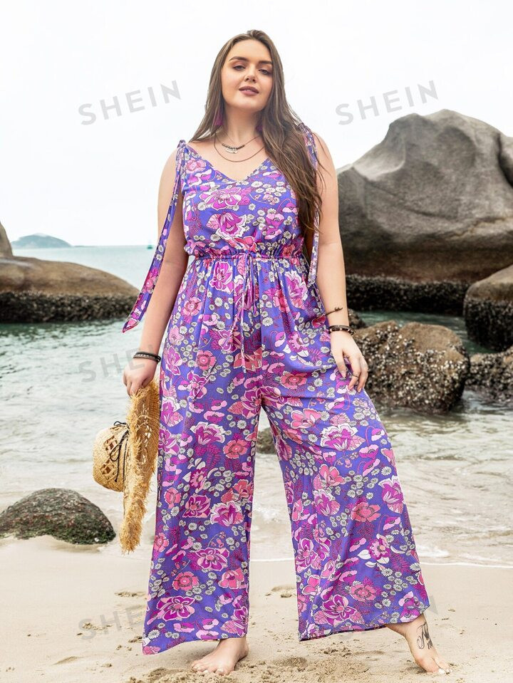 Rusttydustty Plus Floral Print Tie Shoulder Wide Leg Jumpsuit | SHEIN