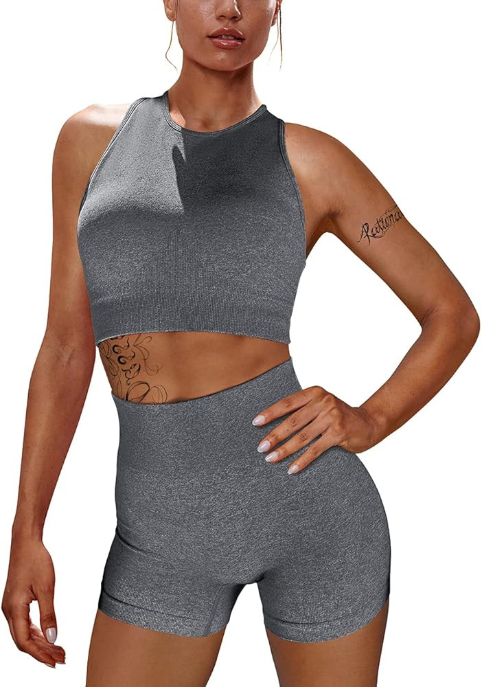 OYS Workout Sets for Women 2 Piece Outfits Seamless High Waisted Yoga Shorts Running Sports Bra Clot | Amazon (US)