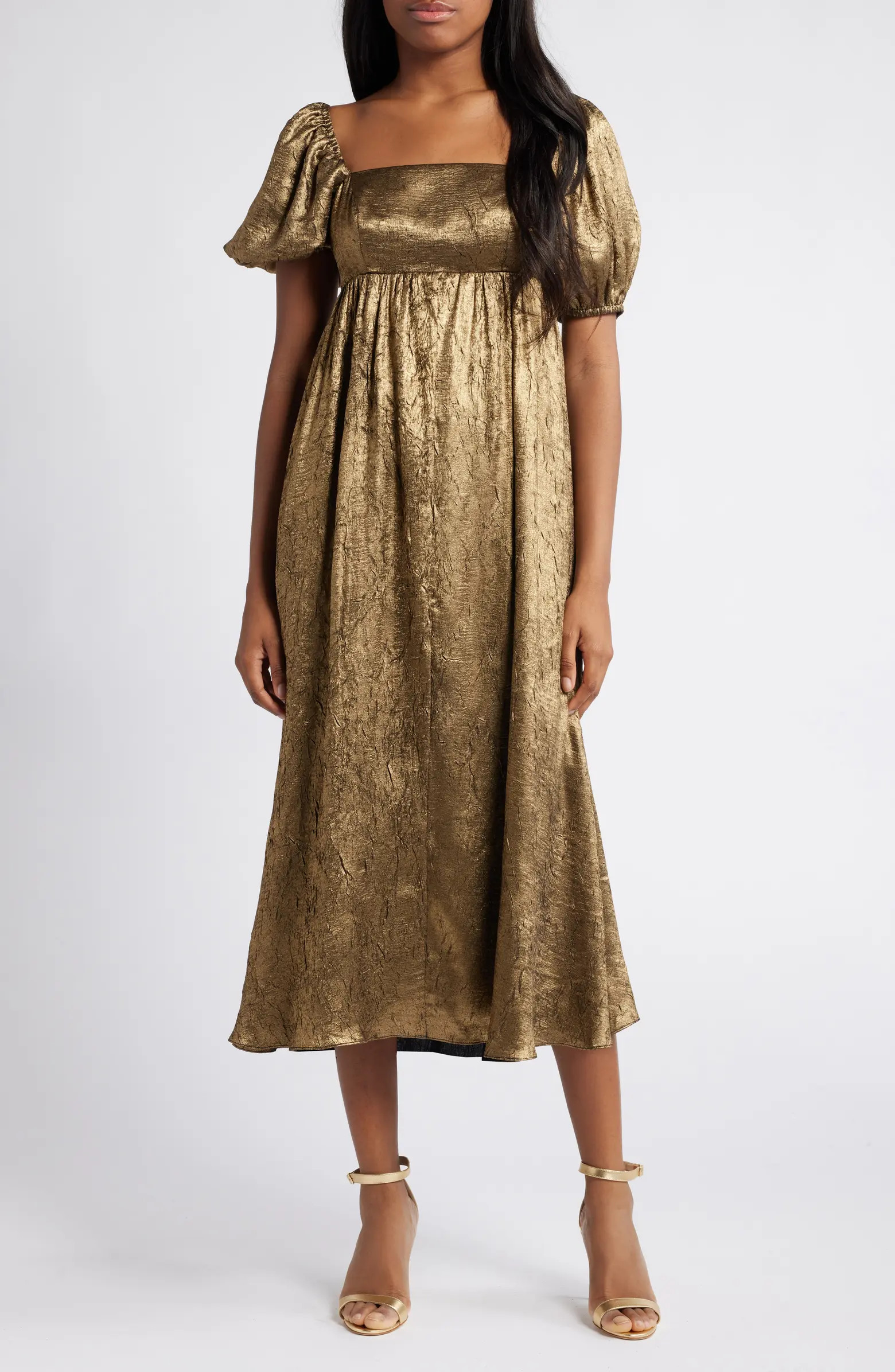 MOON RIVER Metallic Puff Sleeve Midi Dress | Nordstrom | Nordstrom