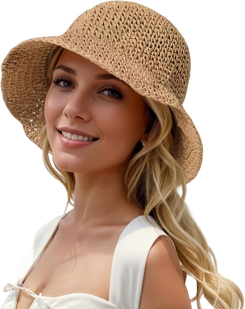 Womens Straw Beach Sun Hats, Foldable Packable Floppy Handmade Crochet Hats for Women,Large Summe... | Amazon (US)