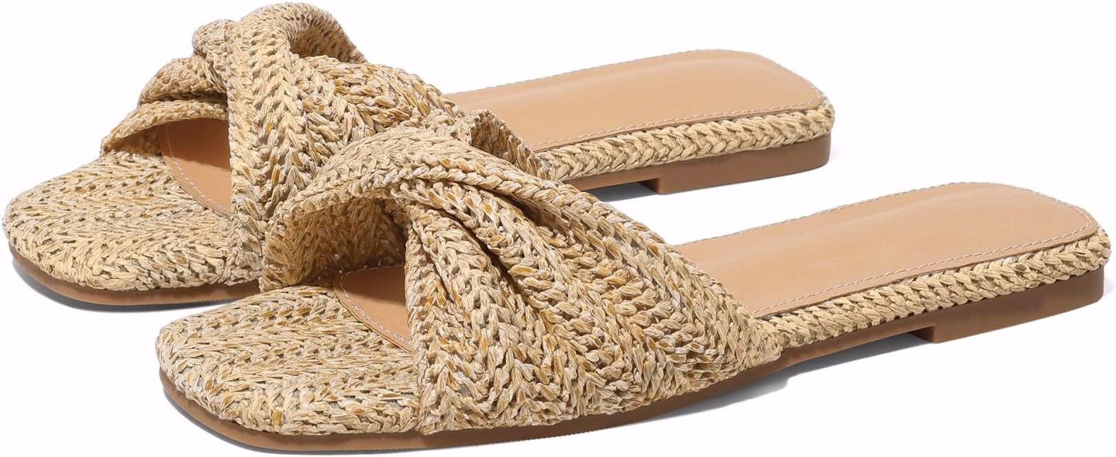 Raffia Flat Sandals for Women Straw Woven Braided Twist Slip On Slides - Summer, Open Toe, Beach,... | Amazon (US)
