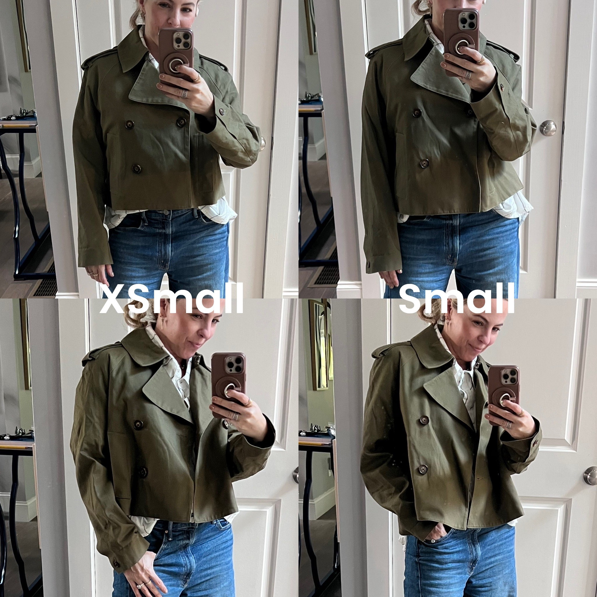 NSale cropped trench size comparison for you. If you’re petite and between sizes, go down. If you’re tall and between, go up.

The color is army green, not the more tan/brown you see on the website. Personally, I think the color is better in person.

#LTKPetite #LTKSaleAlert