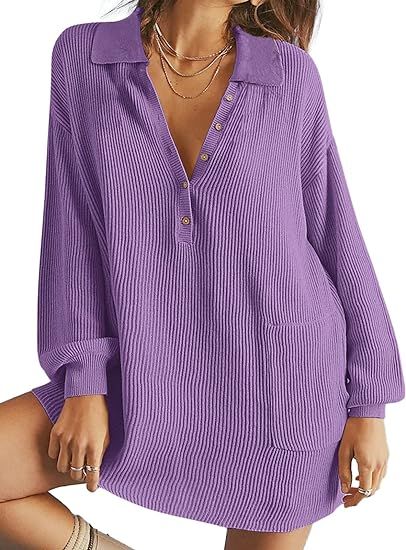 DEEP SELF Women Long Sleeve V Neck Button Mini Sweater Dress Oversized Collered Pullover Sweater ... | Amazon (US)