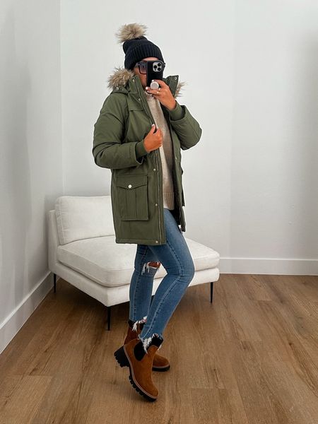 Time and Tru Women's and Women's Plus Heavyweight Anorak Coat with Hood wearing size small. No Boundaries Women's Chelsea Boots with Knit Panel wearing size 9. Easy Funnel Neck Sweater wearing size medium. Pom Beanie
