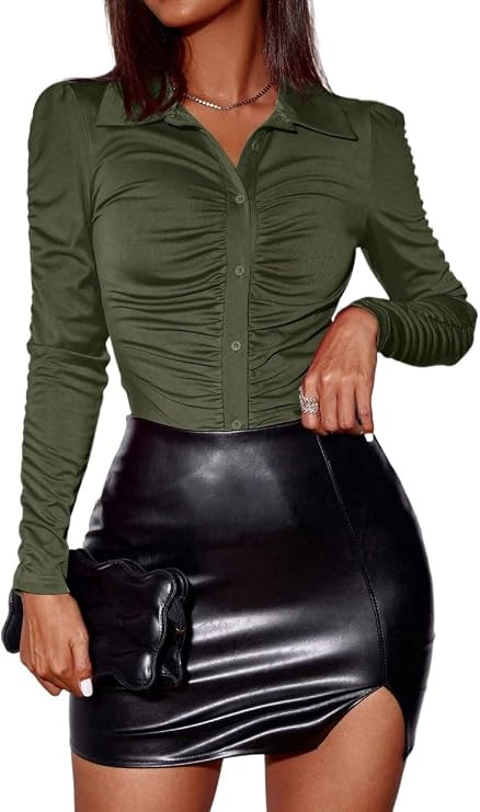 Long Sleeve Shirts for Women Fashion Ruched Button Front Casual Tee Trendy Top | Amazon (US)