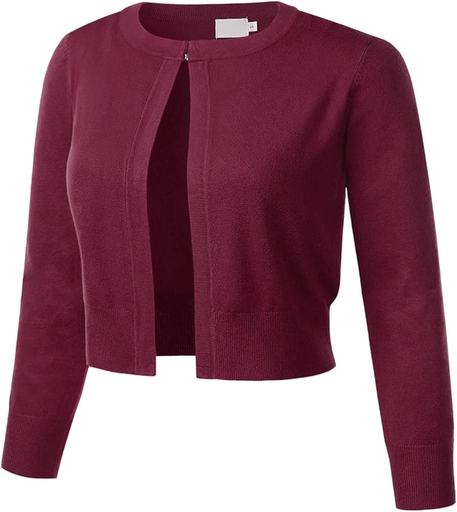 COMFY WORLD Women's Classic 3/4 Sleeve Bolero Shrug Crew Neck Hook Front Soft Knit Slim Fit Open ... | Amazon (US)