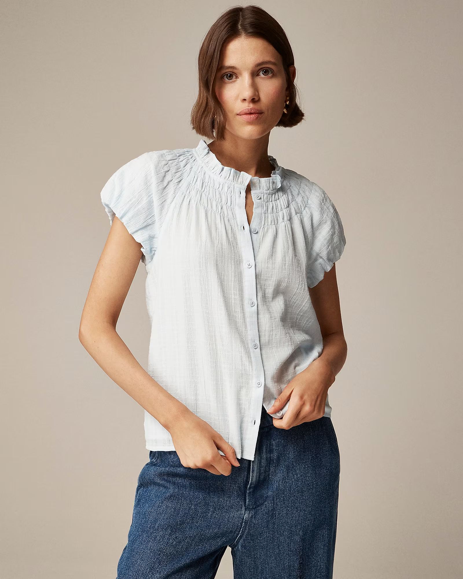 Smocked-neck top in textured gauze | J. Crew US