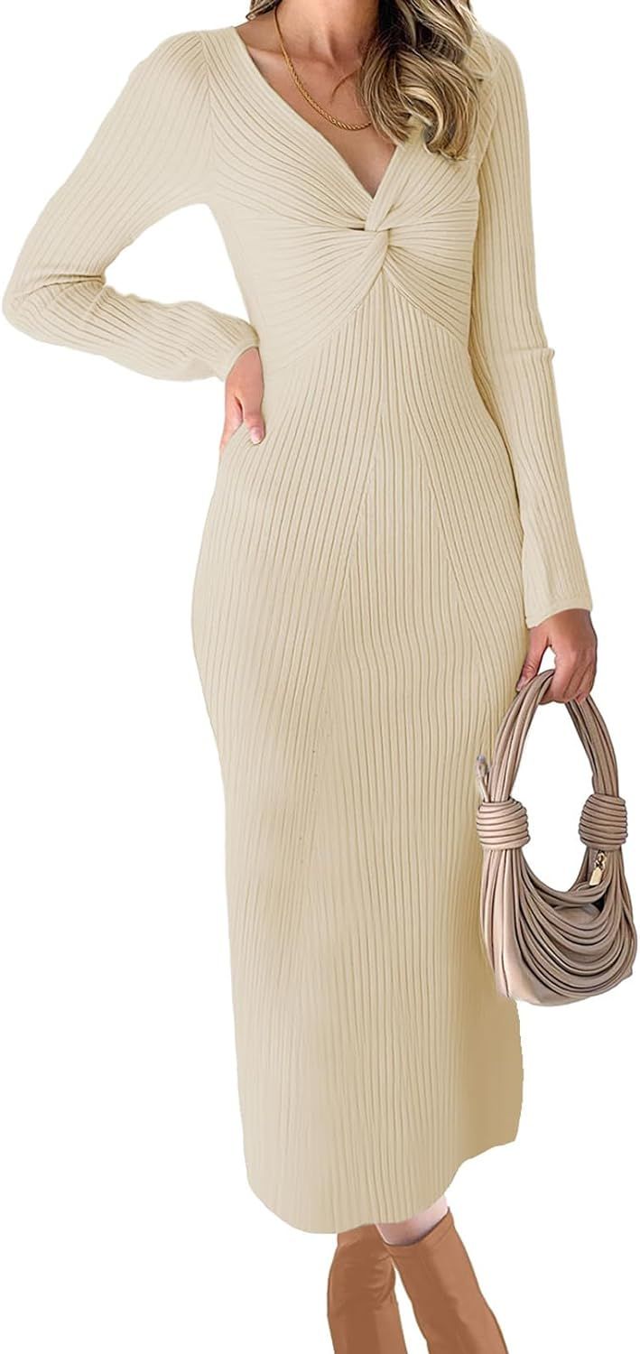 RAISECOM Womens Ribbed Knit Maxi Dresses Long Sleeve V Neck Casual Sweater Dress Bodycon Midi Dre... | Amazon (US)