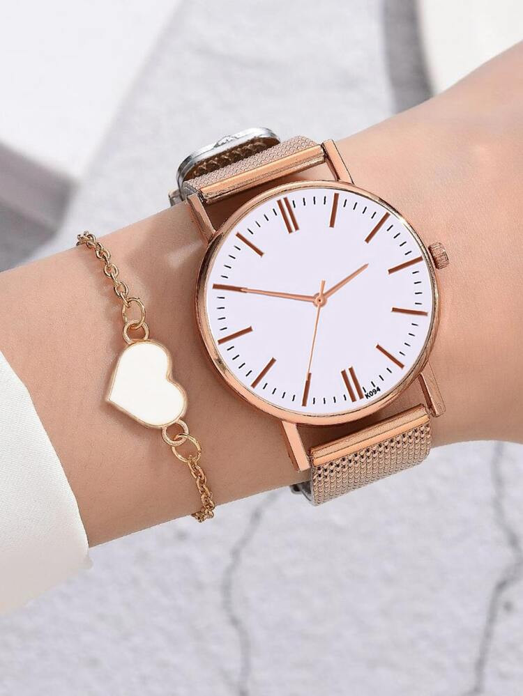 1 peça Relógio de quartzo com ponteiro redondo & 1 peça Bracelete | SHEIN