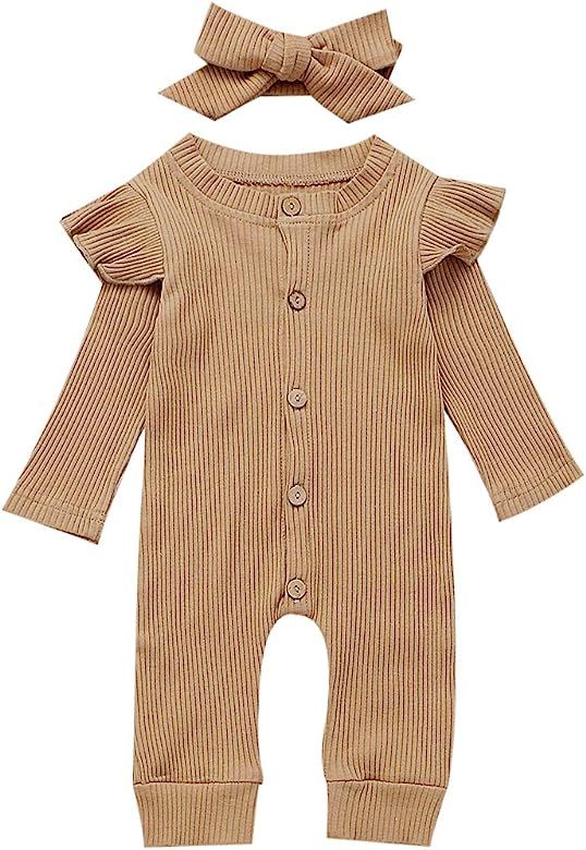 Amazon.com: YueJia Newborn Baby Girls One Piece Romper Solid Color Ruffle Long Sleeve Knitted Inf... | Amazon (US)