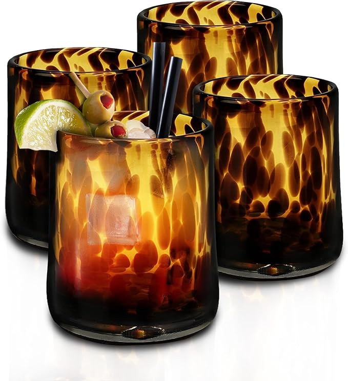 IMPULSE! Tortoise Leopard Print Brown 10 oz. Rocks Glasses, Set of 4 - Stylish Stemless Cocktail ... | Amazon (US)