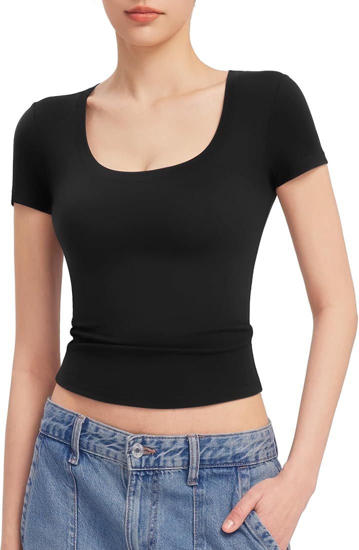 PUMIEY Women's T Shirts Short Sleeve Scoop Neck Basic Going Out Tops Fashion Slim Fit Tee Smoke C... | Amazon (US)