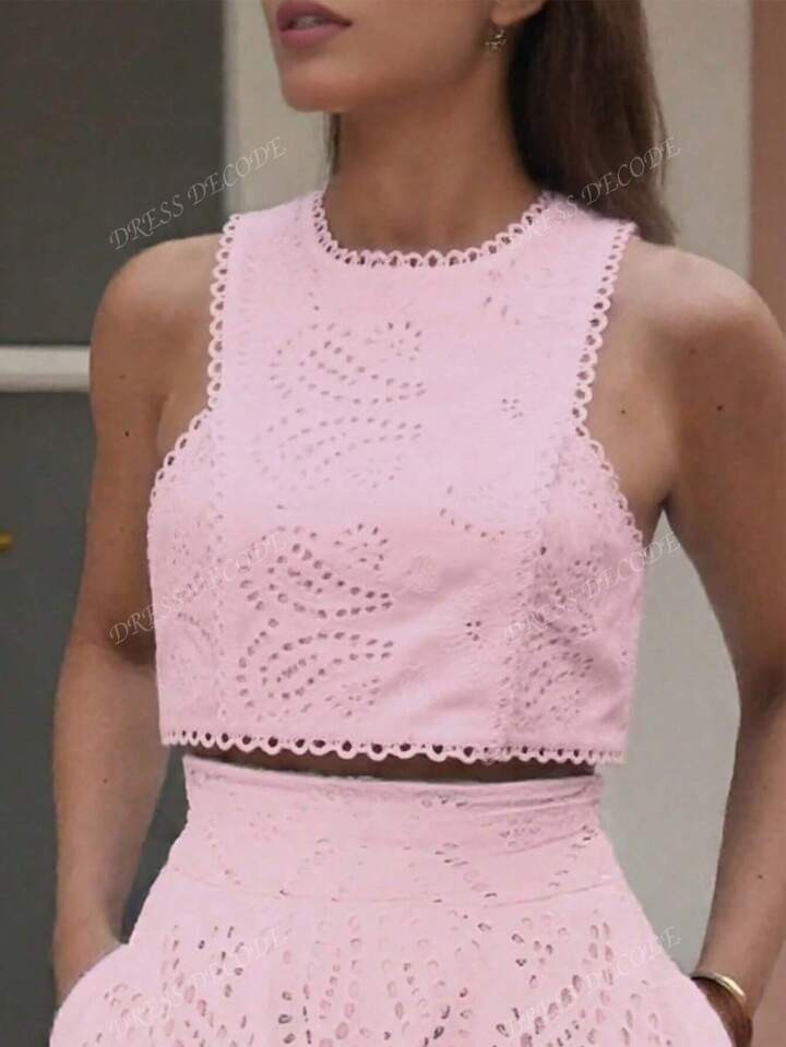Vintage Floral Hollow Out Full Embroidery Sleeveless Crew Neck Crop Top,No Skirt Included | SHEIN