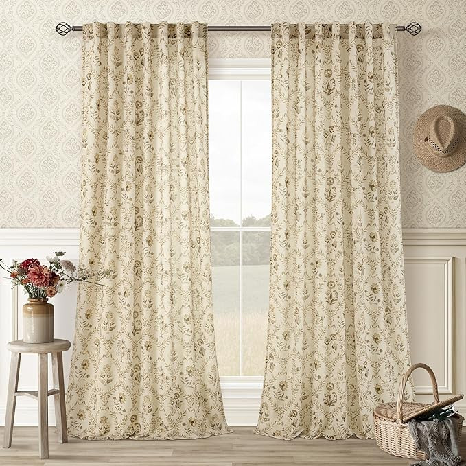 Linen Floral 102 Inch Curtains Back Tab Farmhouse Neutral Living Dining Room Light Filtering Line... | Amazon (US)
