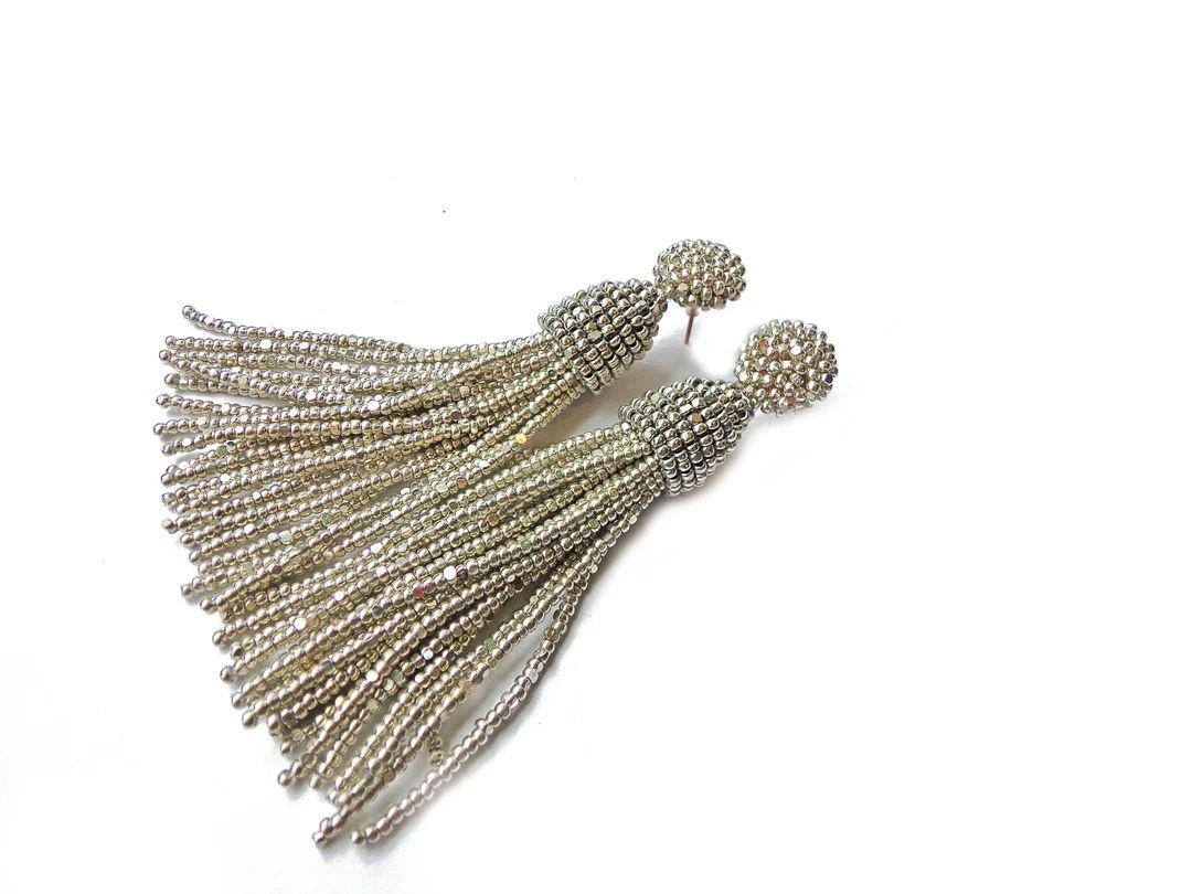 Sterling Silver Metallic beaded tassel earrings in Oscar de La Renta style. Long Seed Beads Stud ... | Etsy (US)