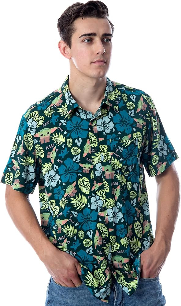 Star Wars Men's The Mandalorian Grogu Baby Yoda Leaves Hawaiian Button Up Shirt | Amazon (US)