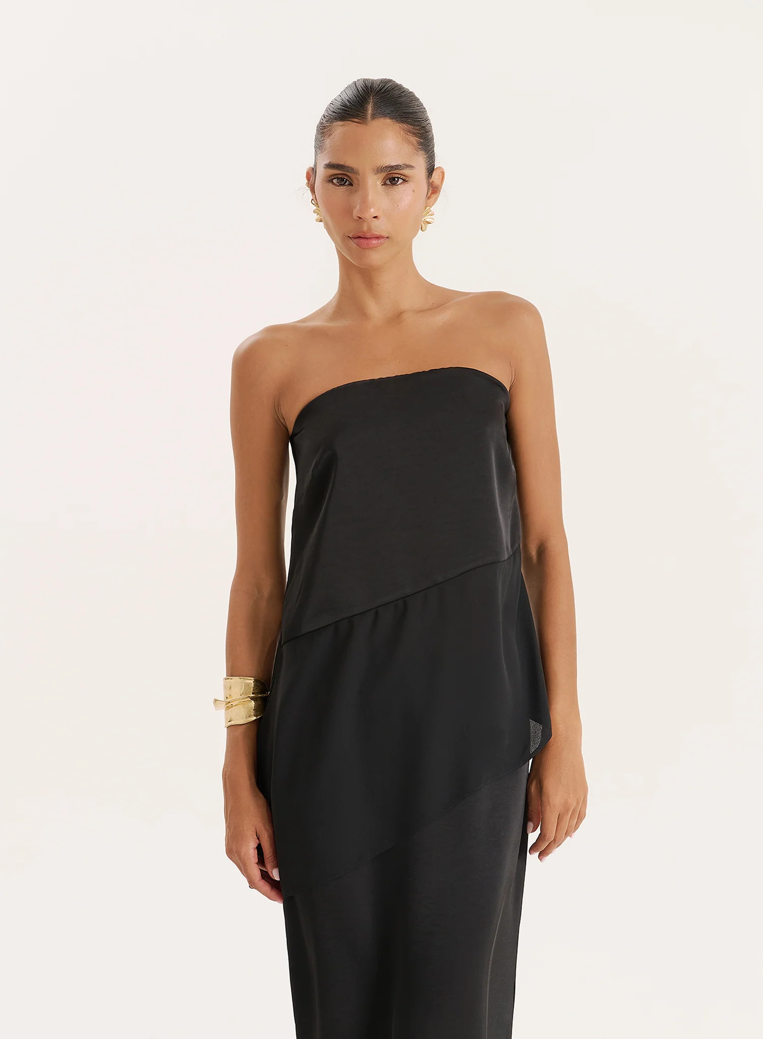Black Satin And Chiffon Bandeau Asymmetric Top- Marcia | 4th & Reckless