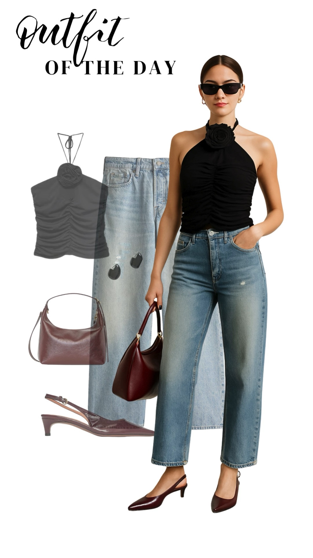 Minimalist meets glam in this city-chic outfit. A ruched halter-neck top with floral detailing gives a romantic edge, paired with vintage-wash straight-leg denim for off-duty elegance. The deep oxblood accessories – sleek kitten heels and a structured shoulder bag – elevate the whole look. Perfect for coffee dates, gallery strolls or rooftop drinks.

#OOTD #SummerStyle #HighStreetStyle #WithMissScarlett
#MinimalStyle #LondonFashion #SmartCasual #WeekendLook
#CapsuleWardrobe #ChicAndSimple #EffortlessStyle