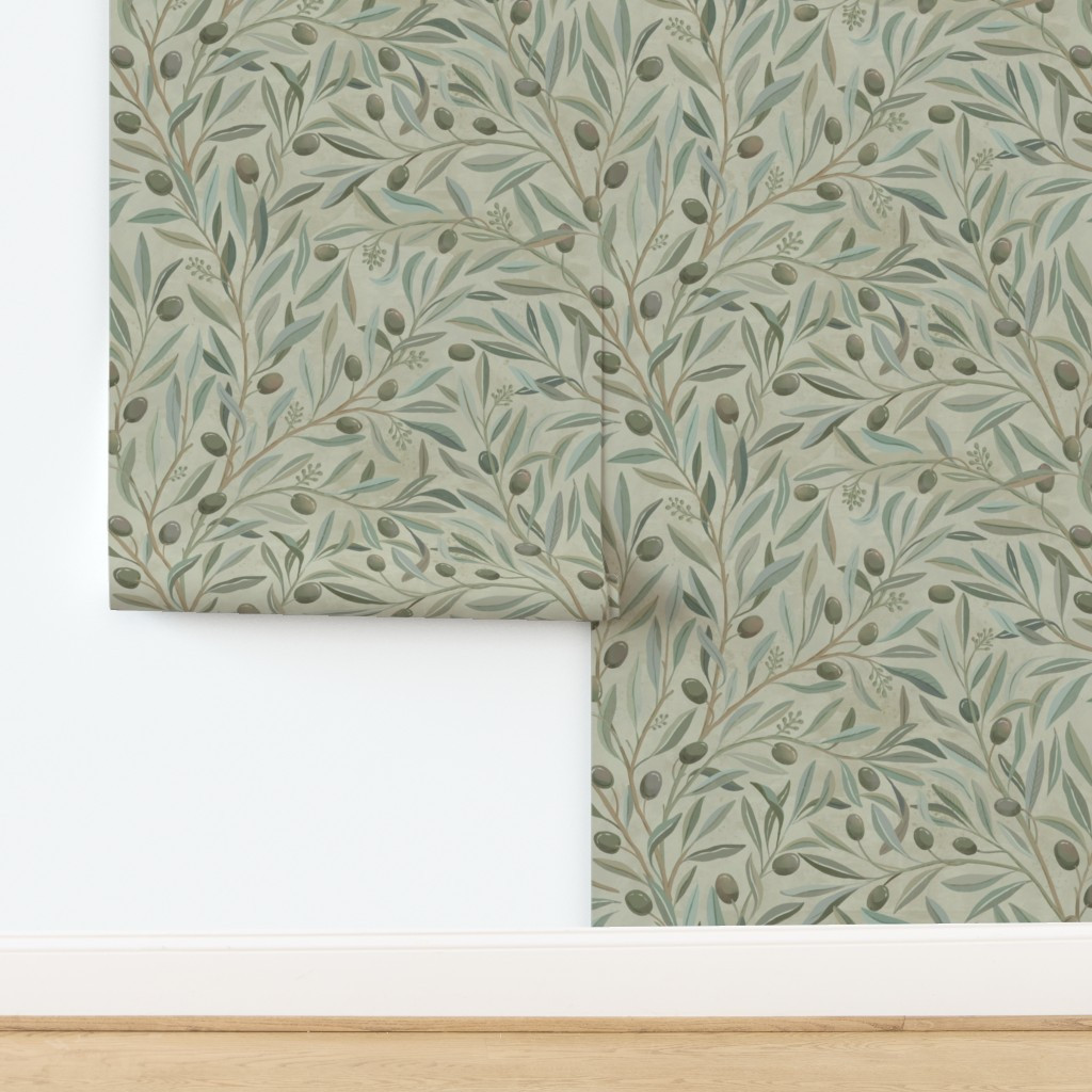 Wallpaper in Mediterranean Painterly Olive Tree Branches - Sage Green | Spoonflower