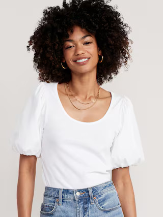 Fitted Puff-Sleeve Paneled Rib-Knit T-Shirt for Women | Old Navy (US)