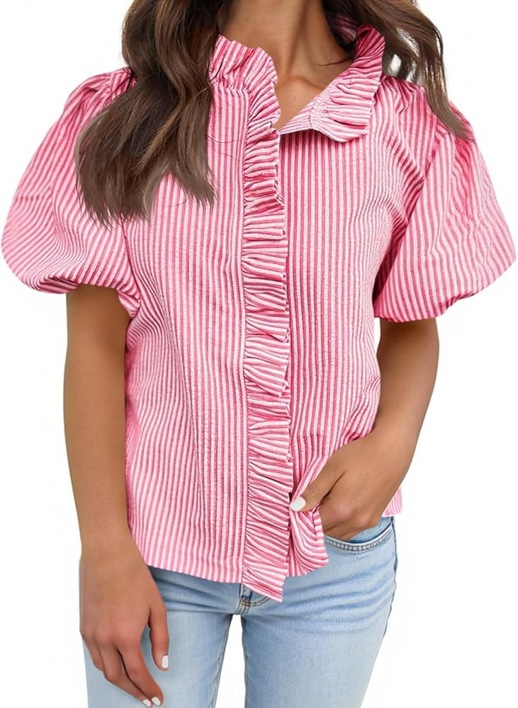 Tankaneo Womens Short Puff Sleeve Button Down Shirts Summer Ruffle Striped Work Tops Stand Collar... | Amazon (US)