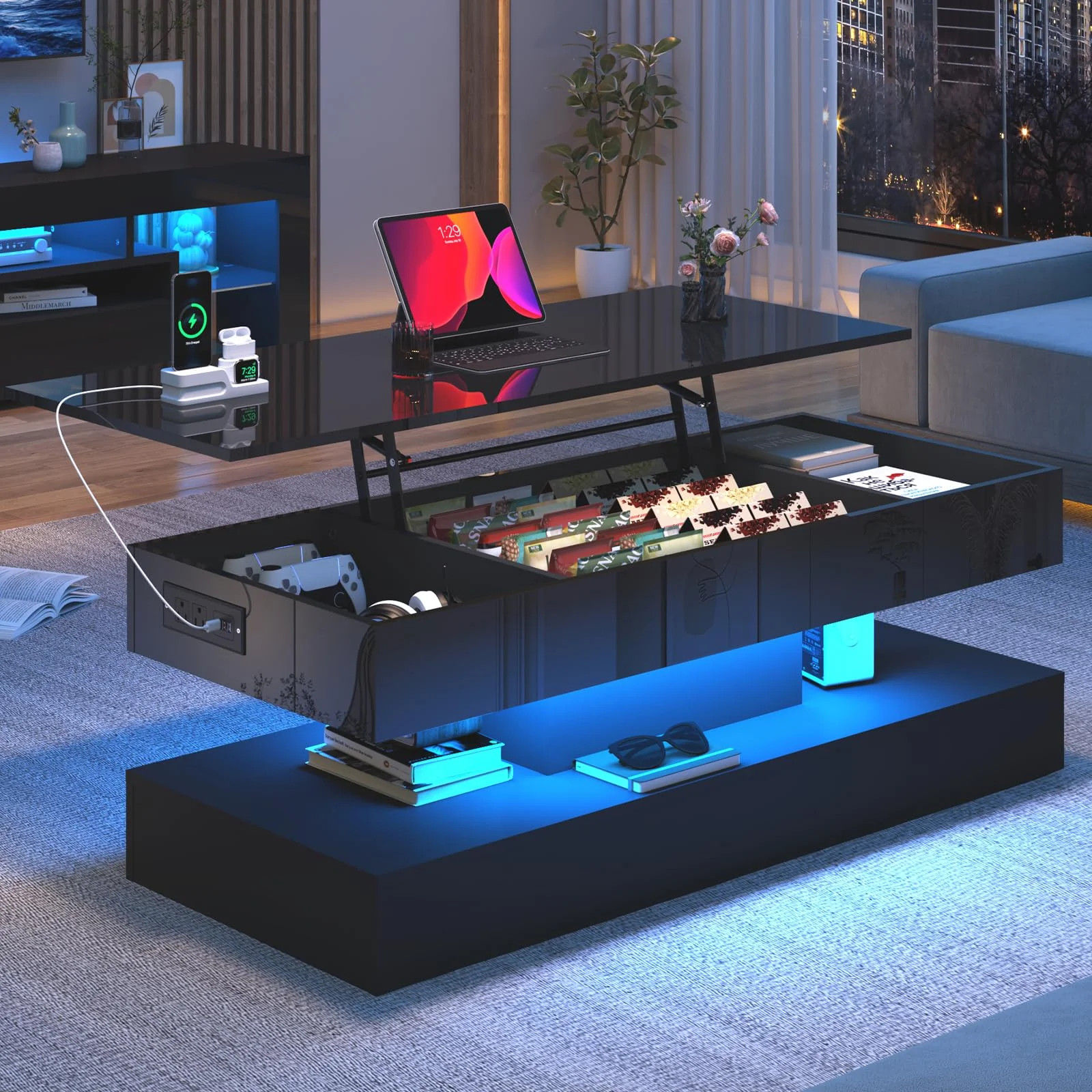 ChVans 47" Large Lift Top Coffee Table with Charging Station & LED Lights, High Glossy White LED ... | Walmart (US)