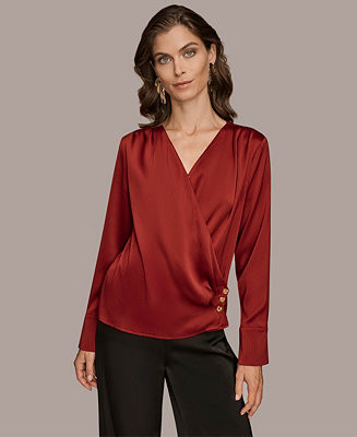 Donna Karan New York Women's Long Sleeve Faux Wrap Top - Macy's | Macy's